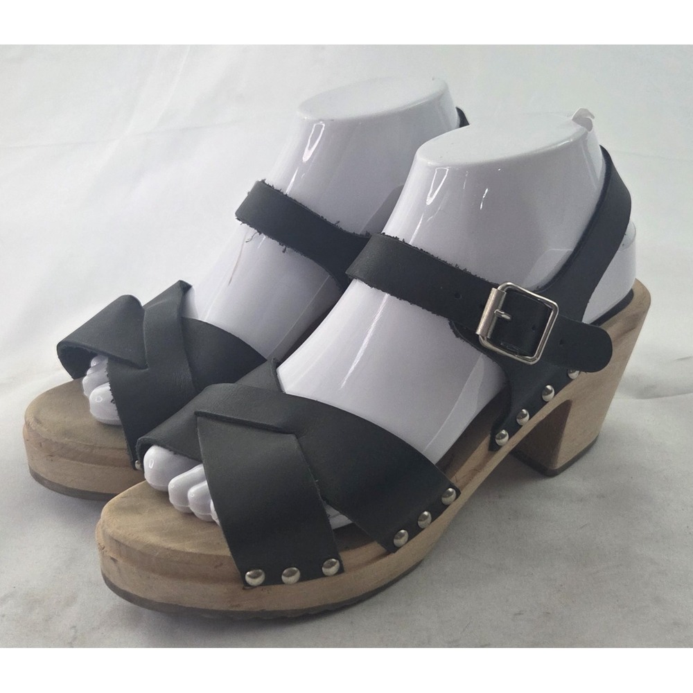 MIA Swedish Clogs Womens 39 US 8.5 Black Leather Wood Boho Chic 70s Revival Shoe